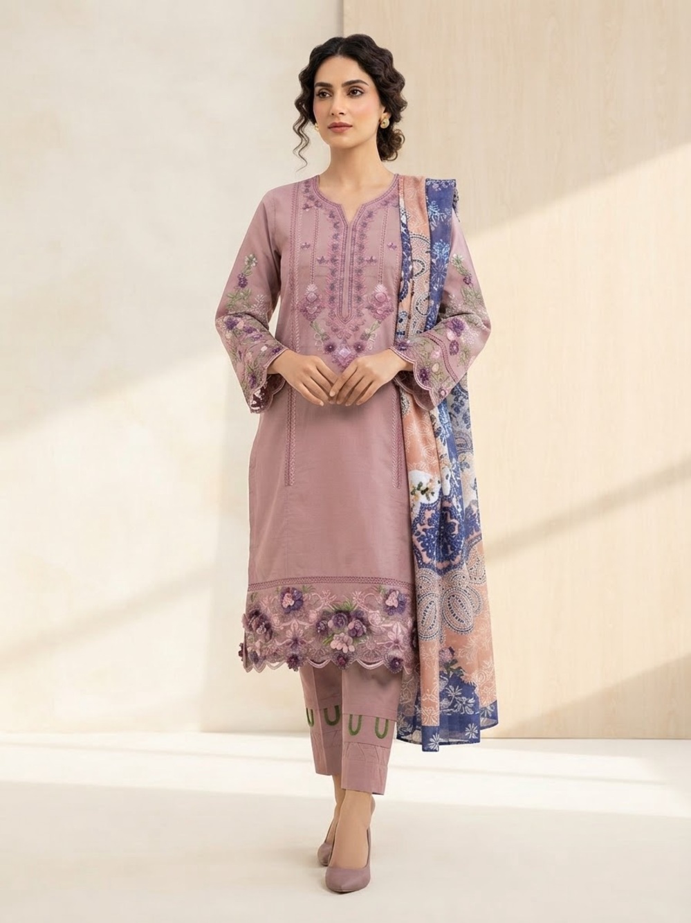 Elegant Mauve Embroidered Kurta Set with Printed Duptta and shalwar Lawn
